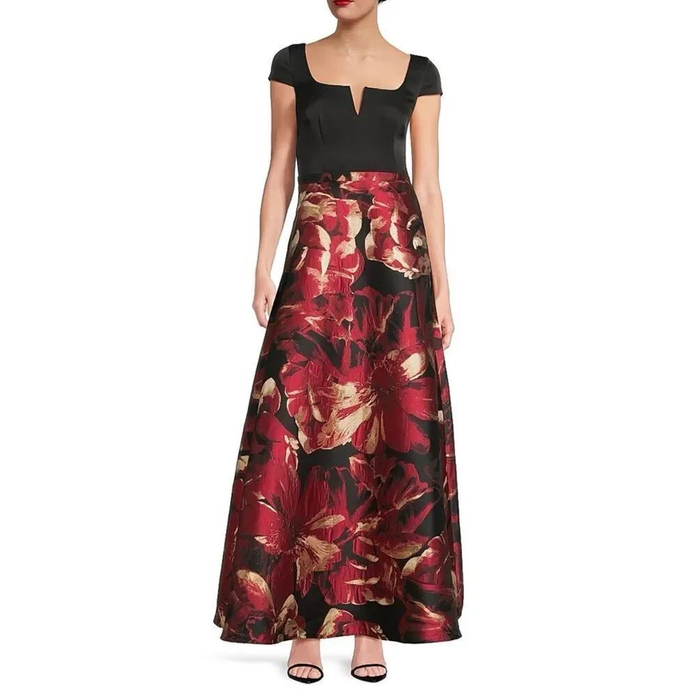 Adrianna Papell Aidan Mattox Split Neck Red Black Jacquard Gown Dress Size 10